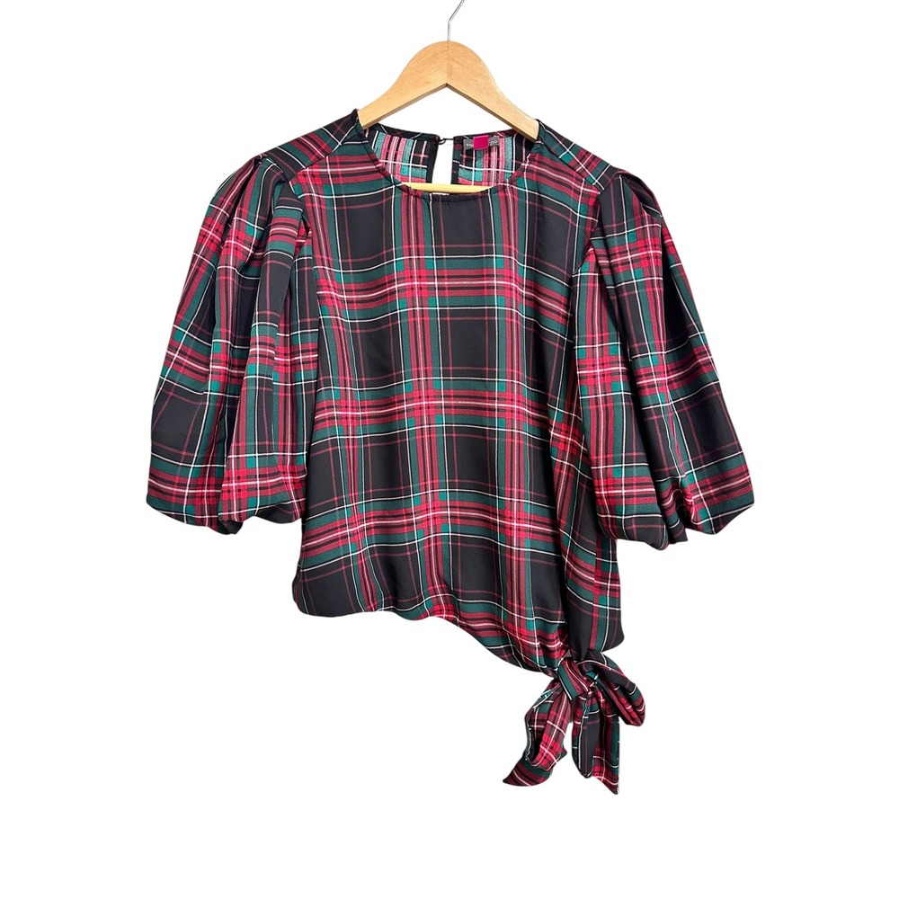 Vince Camuto Plaid Puff Sleeve Side Tie Holiday Tartan Blouse Red Green Medium